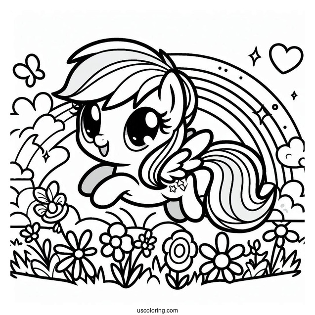 Kawaii Rainbow Dash Coloring Page In Flower Field For Preschoolers