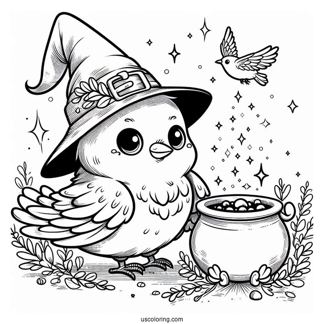 Cute Little Raven Coloring Page In A Witch s Hat With A Magical Cauldron