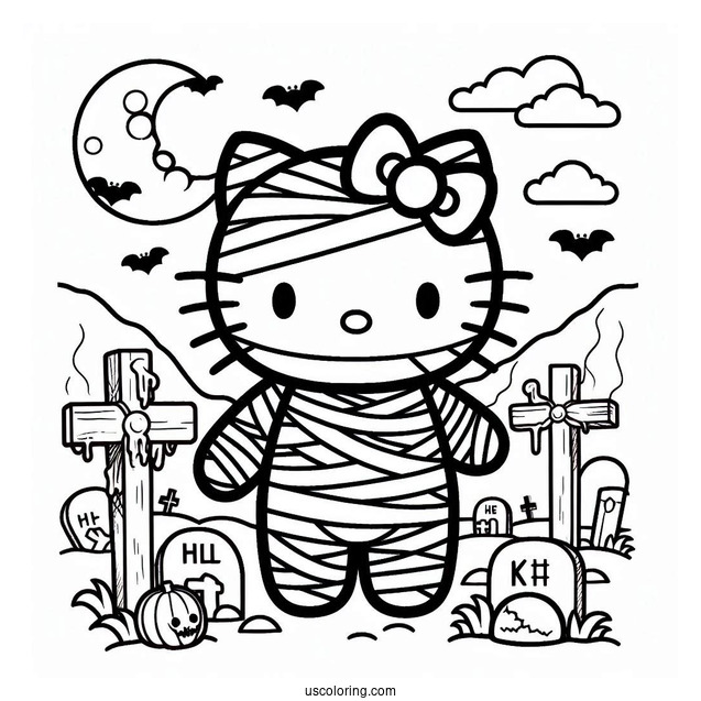 Hello Kitty Mummy Coloring Page In The Cemetery For Kids