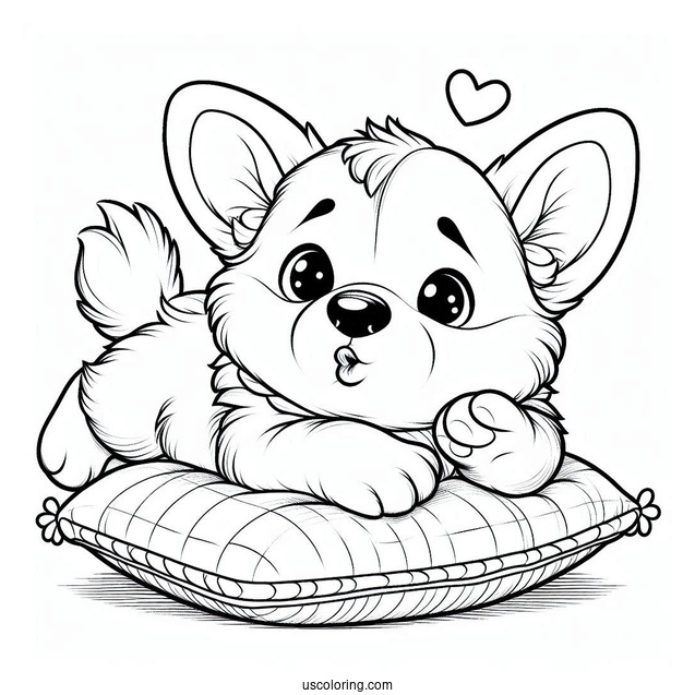 Corgi Coloring Page Sending Flying Kiss While Lying On Cushion