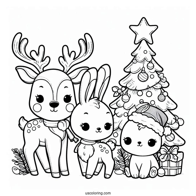 Cute Reindeer And Bunny With Christmas Tree