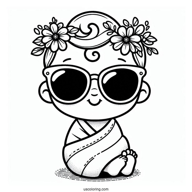Easy Baby Coloring Page Wearing Sunglasses For Kids