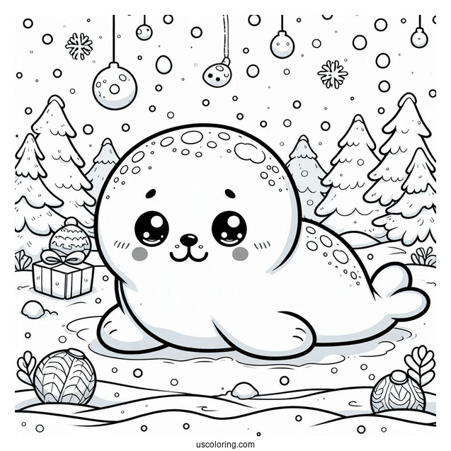 Kawaii Seal Coloring Page Lying On Snow