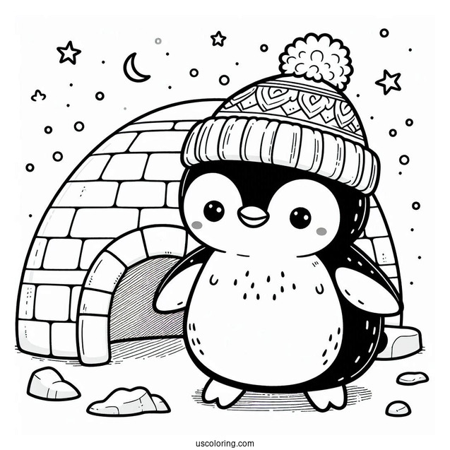 Cute Penguin With Igloo Coloring Sheet