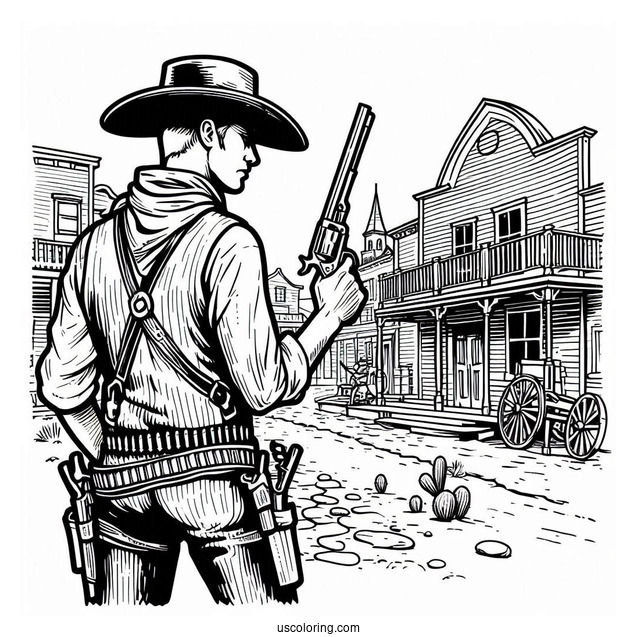 Cowboy Coloring Page Holding Gun In Old West Town