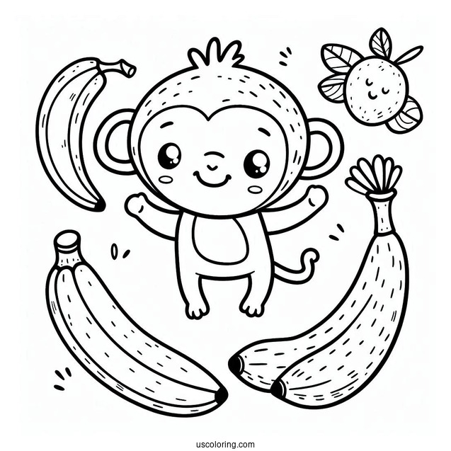 Cartoon Banana Coloring Page With A Monkey Friend