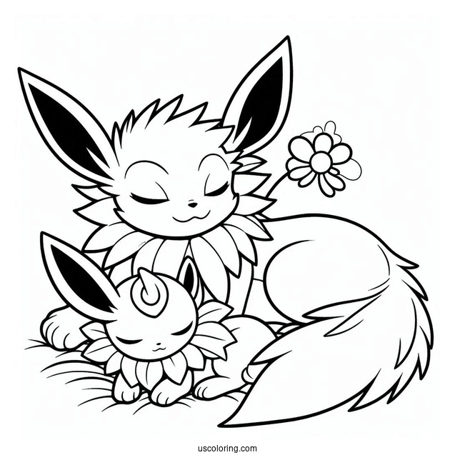 Espeon Watching Over Sleeping Jolteon Coloring Page