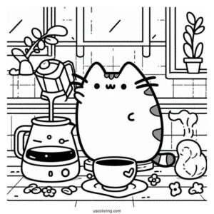 Pusheen Making Pour Over Coffee