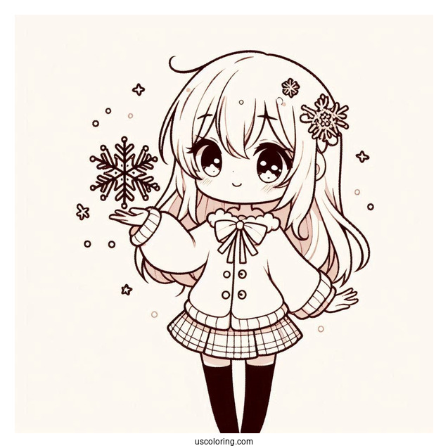 Kawaii Anime Girl Holding Snowflake Coloring Page