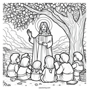 Cartoon Jesus Coloring Page Teaching Children Under The Tree For Kids