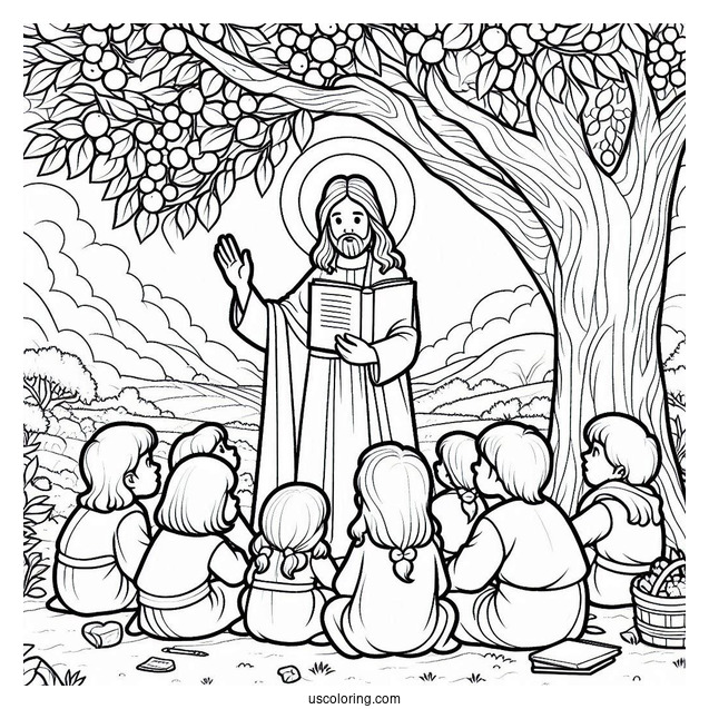 Cartoon Jesus Coloring Page Teaching Children Under The Tree For Kids