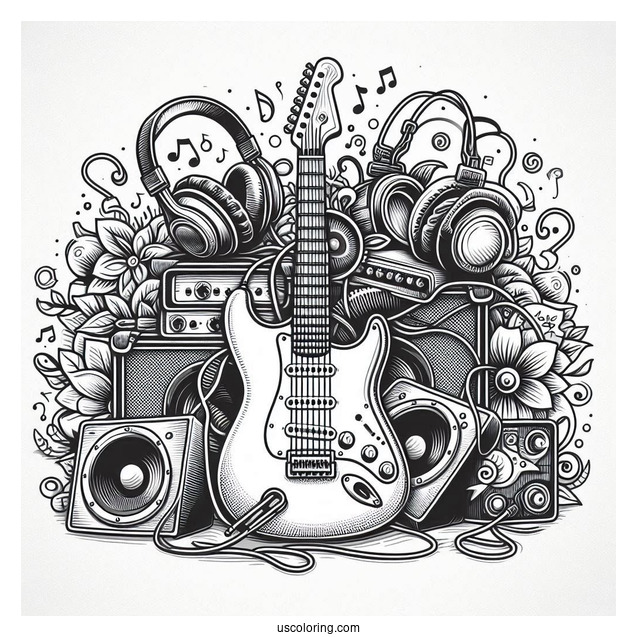Music Coloring Page Of Electric Guitar With Speakers, Amplifiers, Headphones, And Cables