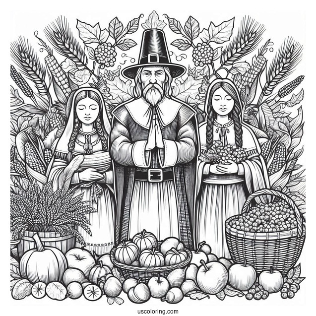 Pilgrim Coloring Page With Native Americans Surrounded By Harvest