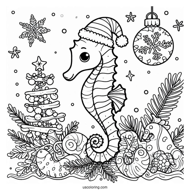Christmas Themed Seahorse To Color