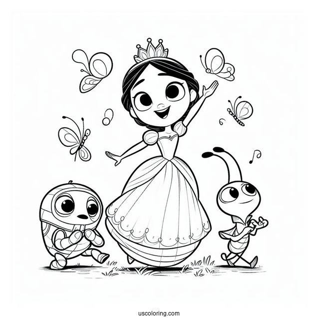 Pixar Coloring Page of Princess Atta, Flik, Heimlich, And Dot Bug s Life