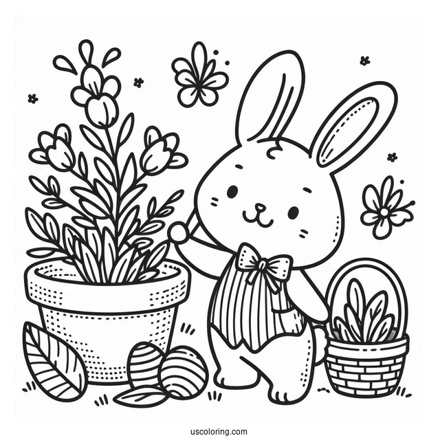 Easter Coloring Page Of Happy Easter With Bunny In A Flower Pot