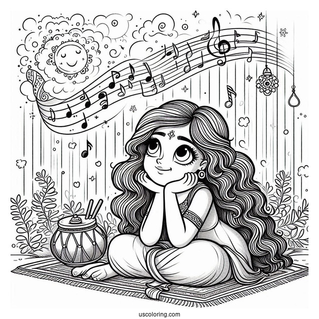 Sing Coloring Page Of Meena Daydreaming While Listening To Music