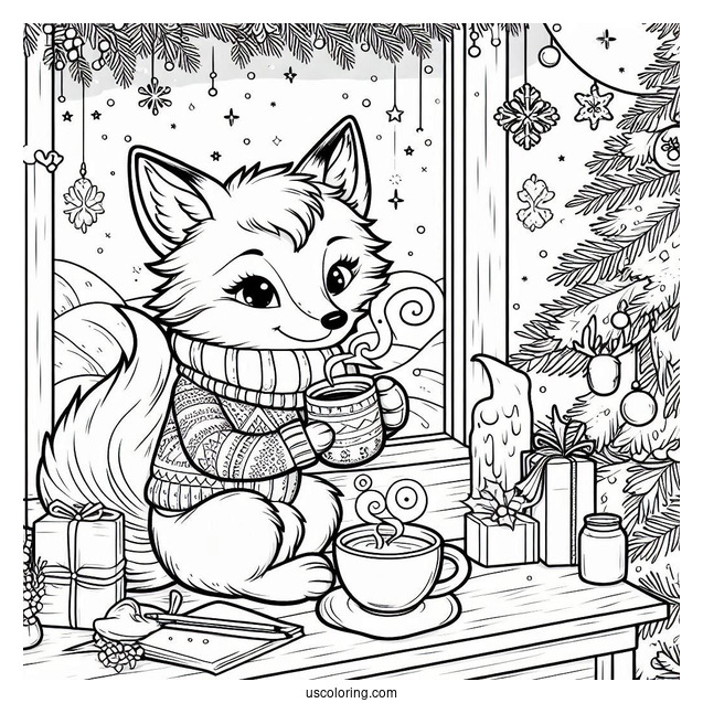 Christmas Coloring Pages For Adults Of Adorable Fox Drinking Tea By The Window