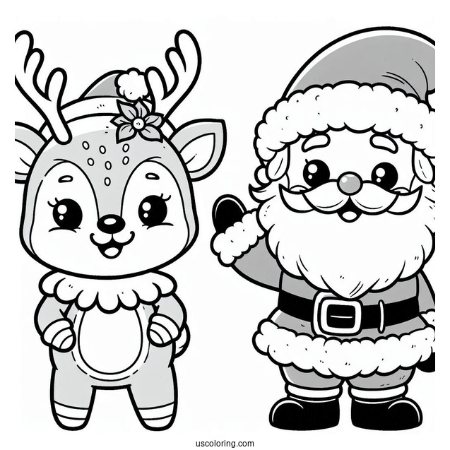 Cute Santa Waving With Rudolph Coloring Page Beside Him For Kids
