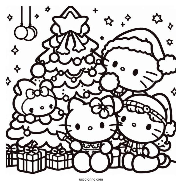 Sanrio Coloring Pages Of Friends Decorating Christmas Tree