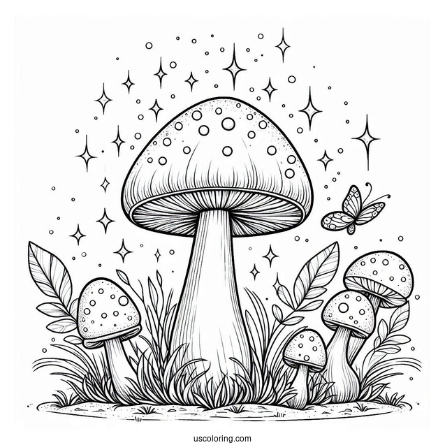 Fantasy Mushroom Coloring Page With Sparkles