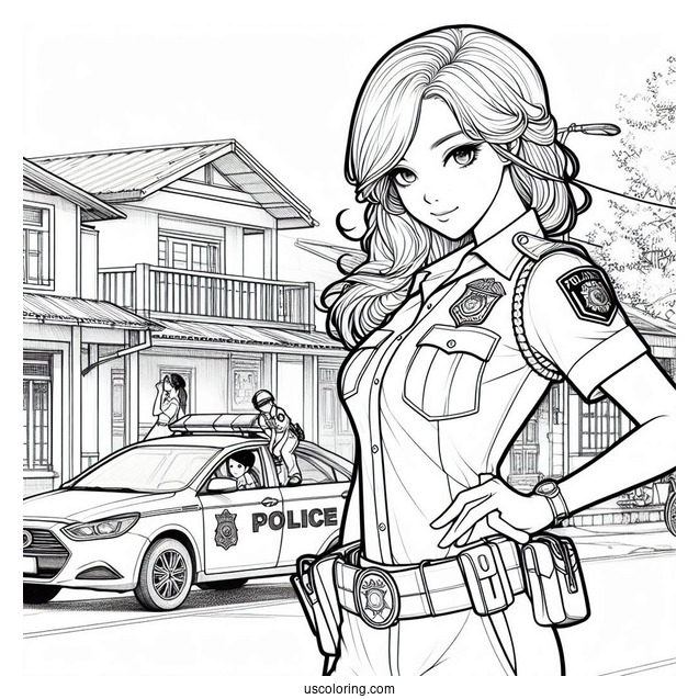 Police Woman In Front Of Police Station To Color