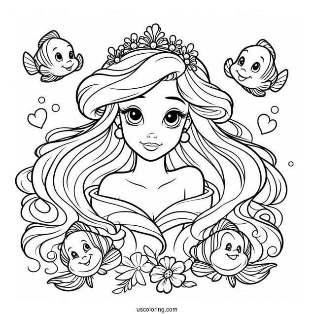 Princess Coloring Page Of Human Princess Ariel With Flounders