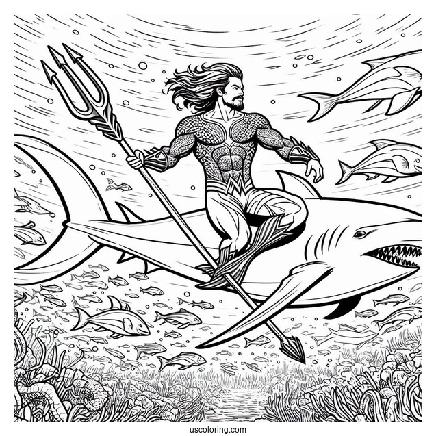 Aquaman Coloring Page Holding his Trident While Riding A Manta Ray