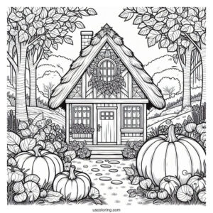 Cottagecore Pumpkin Coloring Page House In The Forest