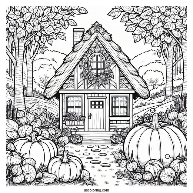 Cottagecore Pumpkin Coloring Page House In The Forest