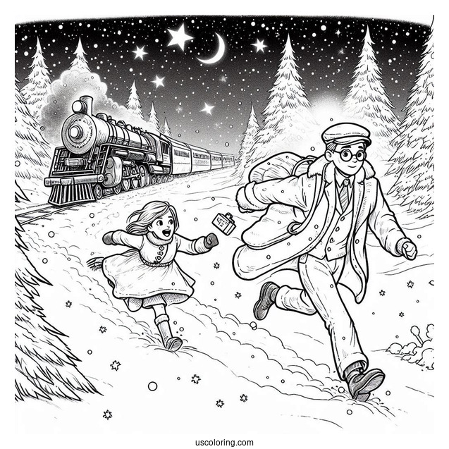Polar Express Coloring Page Of Lonely Boy And Hero Girl Chasing Hero Boy In The Snow