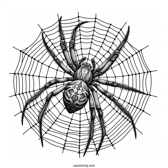 Detailed Huntsman Spider On Web To Color