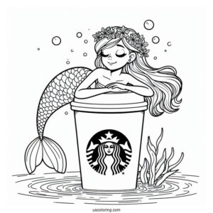 Beautiful Mermaid Resting On Top Of A Starbucks Coloring Page Cup Under The Sea