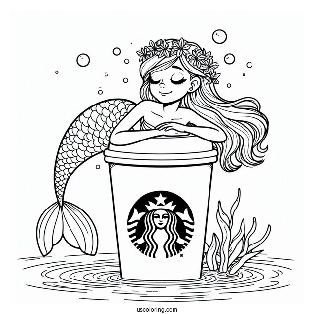 Beautiful Mermaid Resting On Top Of A Starbucks Coloring Page Cup Under The Sea