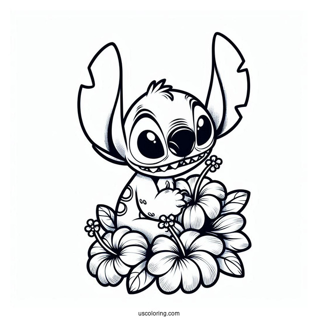 Scary Stitch With Hibiscus Flowers Coloring Page
