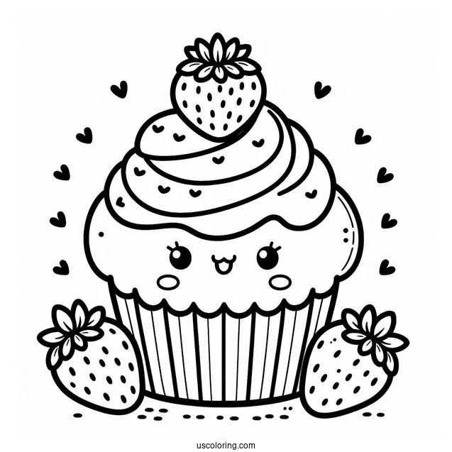 Kawaii Cupcake With Strawberries And Sugar Icing To Color