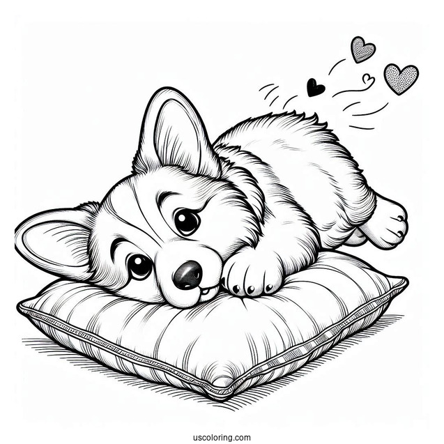 Corgi Coloring Page Sending Flying Kiss While Lying On Cushion