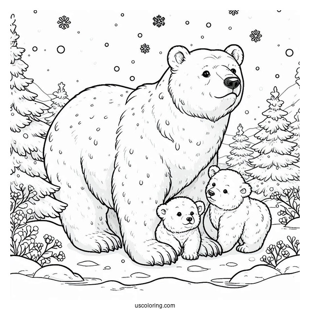 Polar Bear With Cubs On Snowy Day