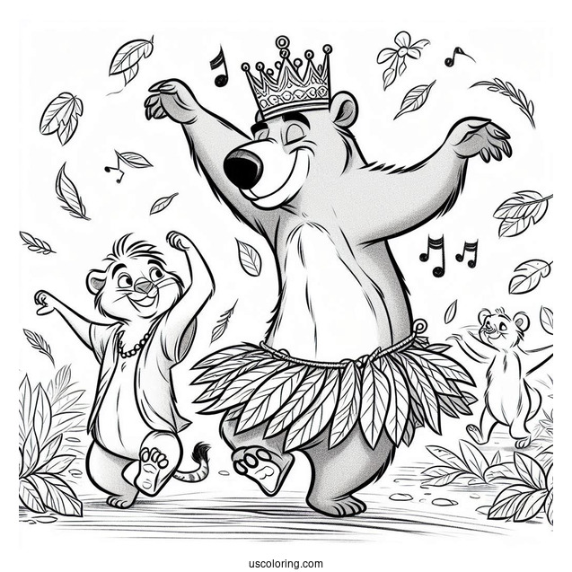 Jungle Book Coloring Page Of Baloo In Leaf Skirt Dancing With King Louie