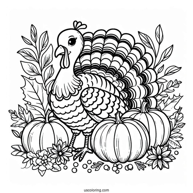 Happy Thanksgiving Turkey With Pumpkin Coloring Page