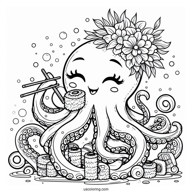 Octopus Eating Sushi Coloring Pages Underwater For Kids
