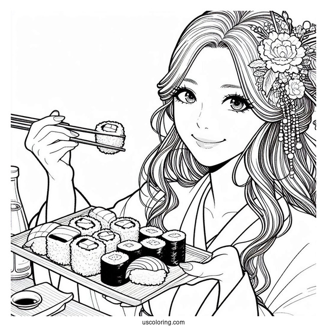 Japanese Women Eating Sushi Coloring Pages