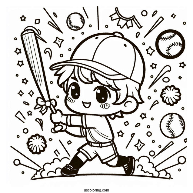 Kid Hitting Baseball Coloring Page with Confetti Celebration