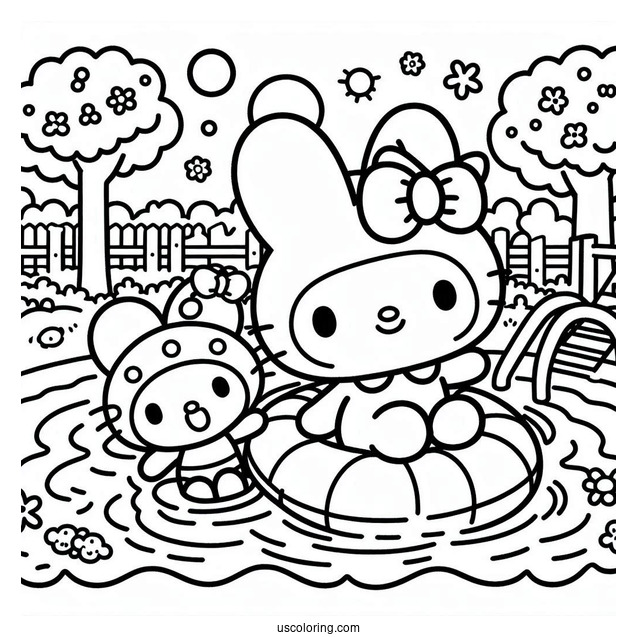 Sanrio Coloring Pages Of Keroppy And My Melody Playing In Pool Park