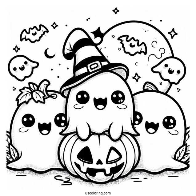 Kawaii Ghosts With Fangs Hanging Around A Jack O Lantern