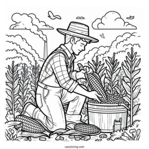Easy To Color Picture Of Farmer Harvesting Corn