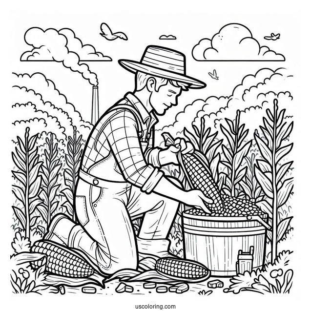 Easy To Color Picture Of Farmer Harvesting Corn