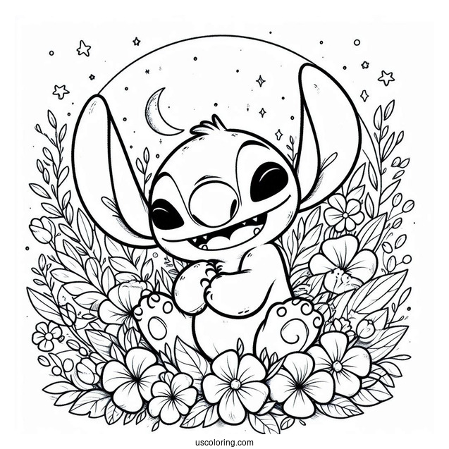 Stitch Smiling At Flowers In Spring Coloring Page
