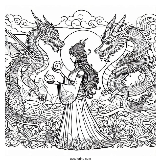 Raya And The Last Dragon Coloring Page Of Sisu, Raya, Boun, Tong, Noi, And The Ongis