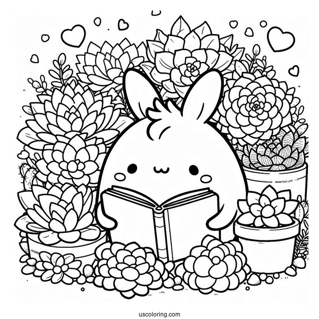 Pompompurin Reading While Surrounded By Succulent Coloring Page
